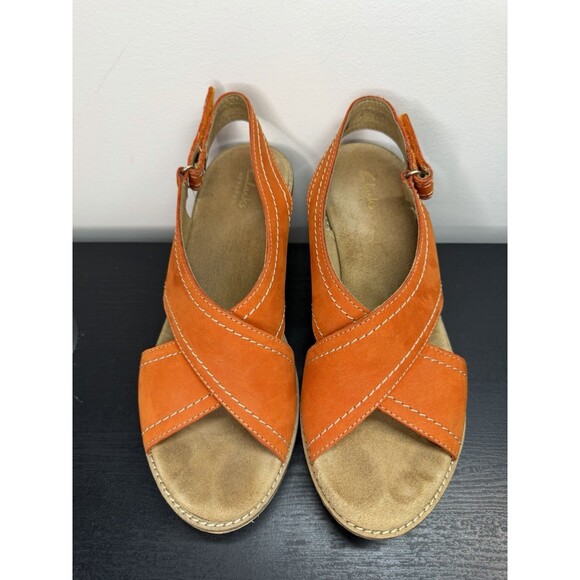 Clarks Aisley Tulip Sandals Suede Wedge Heels Slingback Orange Women’s Sz 8 - Picture 6 of 10